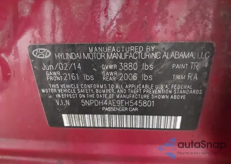 2014 Hyundai Elantra Se z USA, uszkodzony, nr VIN 5NPDH4AE9EH545801